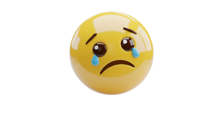 Sad emoji with tears isolated on transparent background, expressing sadness