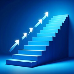 Blue stairway ascending, with glowing white arrows indicating upward progress