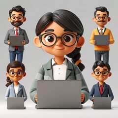 Cartoonish, diverse group of professionals hold laptops.  Bright, cheery, eye-level view against a simple backdrop