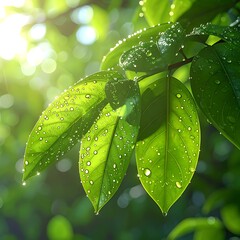 Bright green leaves glistening with dew drops, illuminated by sunlight shining through a blurred, bokeh-filled canopy