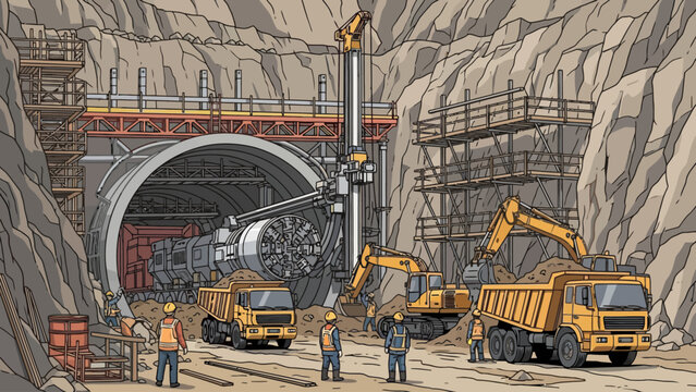 Tunnel boring machine construction site with workers excavators and dump trucks