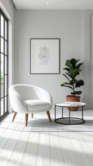 Modern Minimalist Living Room Interior with White Armchair and Plant.
