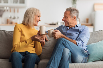A happy elderly couple sits comfortably on a sofa sharing laughter and stories over cups of coffee. They are enjoying a comfortable afternoon in a cozy living room filled with light.