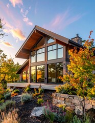 Modern Mountain Home with Stunning Sunset Views and Lush Landscaping.