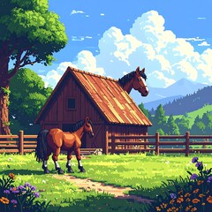 Cartoonish farm scene. Brown horse stands near wooden barn; another head emerges through roof under a sunny sky