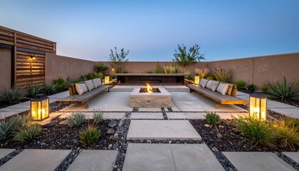 Modern Outdoor Living Space with Fire Pit and Seating at Dusk.