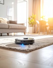 Modern robotic vacuum cleaner cleaning a living room rug with bright sunlight streaming through the window, showcasing smart home technology and automated cleaning.