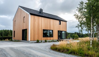 Modern wooden house with a minimalist design and large windows, surrounded by natural landscape under a cloudy sky.