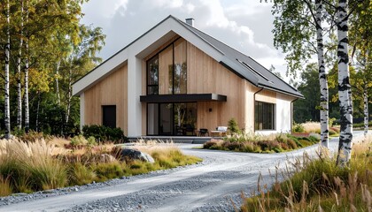Modern Wooden House in a Serene Forest Setting with Gravel Driveway and Lush Greenery.