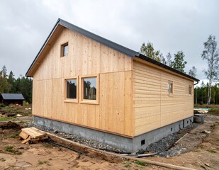 Newly constructed wooden house with a gabled roof and light wood siding, set against a cloudy sky in a rural landscape.