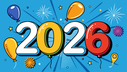 Vibrant 2026 New Year Celebration with Balloons and Fireworks