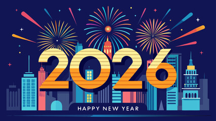 Vibrant New Year's Celebration with City Skyline and Fireworks 2026