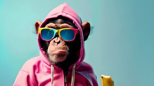 A monkey in a pink hoodie and sunglasses eating a banana.
