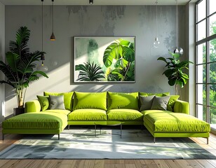 Bright green sectional sofa in a sunny living room with plants, painting, and a grey abstract rug