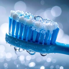Blue toothbrush head covered in water droplets and toothpaste against a bokeh background