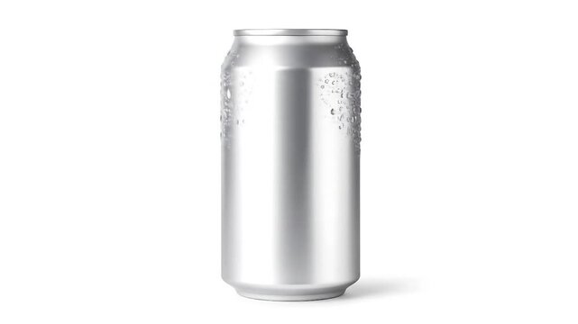 Blank aluminum can with water drops.