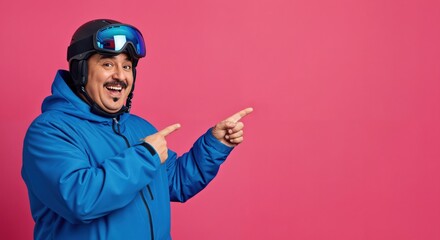 Cheerful middle-aged man in blue ski jacket, helmet, and goggles, smiling and pointing fingers to the right on a vibrant pink studio background, ready for winter sports promotion.