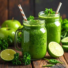 Bright green smoothies in glass jars with fruit and garnish atop a wooden table, suggesting freshness and health