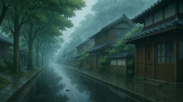 A serene Japanese traditional village street enveloped in misty morning fog, featuring historic wooden architecture with tiled roofs lining a rain-soaked cobblestone path bordered by towering green tr