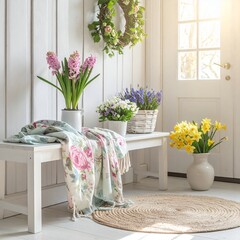 Springtime entryway with fresh flowers and cozy decor, welcoming and bright.