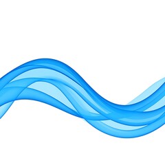 Blue translucent waves smoothly flowing horizontally across the frame on a plain white background