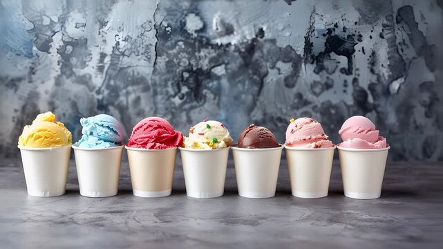 A collection of ice cream cones arranged in a row on a rustic wooden surface against a textured gray backdrop. The ice cream scoops vary in color and flavor.