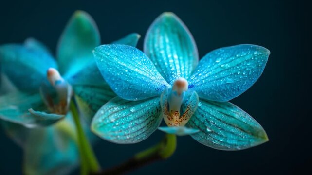 Close up of vibrant blue orchids with water droplets on a dark background