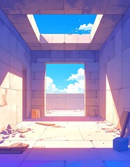 Bright hallway with sunlit blue sky. A view of clear sky through a door and skylight, with sun and shadow
