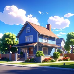 Blue, two-story home with lush lawn and blooming flowers under a bright blue, cloud-filled sky