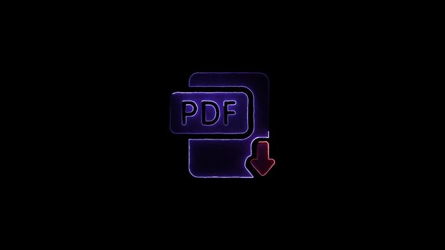 Glowing Purple PDF Download Icon with Neon Outline on Black Background file document