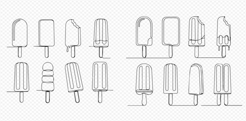 Continuous line drawing of various ice cream popsicles, hand-drawn dessert sketches on a transparent background.