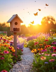 Wooden Birdhouse in a Vibrant Flower Garden at Golden Hour with Butterflies.