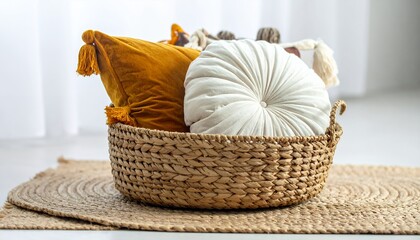 Woven basket filled with decorative pillows on a woven mat, creating a cozy and stylish home decor scene.
