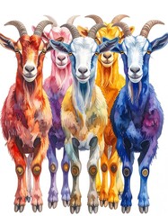 Cartoonish illustration of a row of colorful goats standing close together against a white backdrop