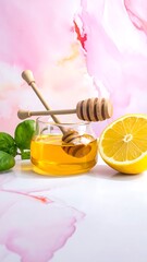 Bright honey, lemon, and basil arrangement against a soft pink and white abstract backdrop, vertical composition