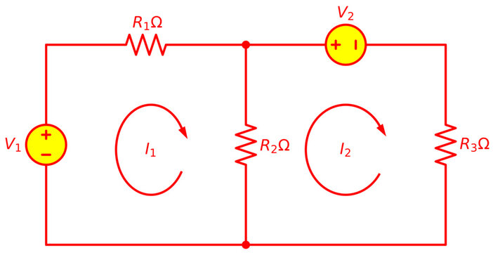 Dual Loop Electrical Circuit Diagram with Opposing Voltage Sources | KVL Mesh Analysis Illustration | Red Technical Engineering Schematic