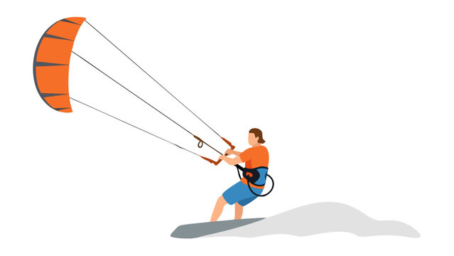 Kite Surfer Riding Water Wave In Orange Harness And Blue Shorts With Orange Kiteboard And Black Background