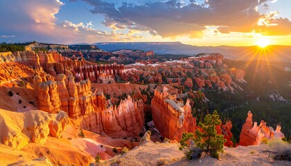 Canyon view at sunrise, layers of eroded rock formations and light rays through the trees and clouds