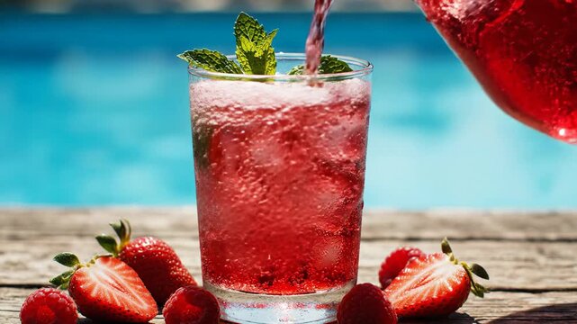 Refreshing Strawberry Drink Poured into a Glass with Ice and Mint.
