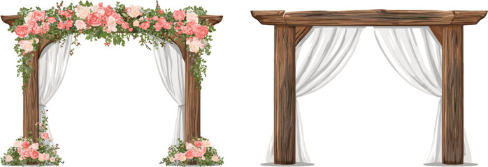 Cute wedding arch clip art, wooden arch with pink flowers and white curtains, watercolor vector illustration for decoration.