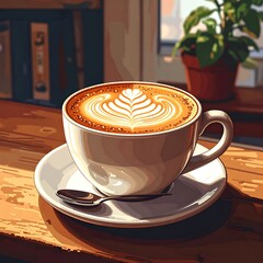 Cappuccino rests on a wooden table near a window, a plant and books in the background, in warm, soft light