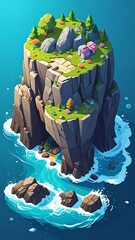 Cartoonish island with angular rock formations, lush green vegetation, and surrounding turquoise water