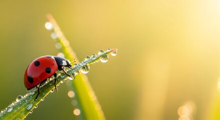 Fototapeta premium Ladybug Morning Dew Drops on Grass Blade Fresh Spring Macro Close Up