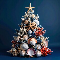 Obraz premium Christmas tree crafted from seashells and coral, set against a deep blue backdrop for a festive, oceanic display