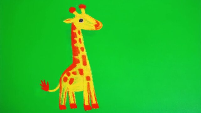 Cute Animated Giraffe in Crayon Doodle Style on Green Background &ndash; Perfect for Children&rsquo;s Stories and Educational Projects