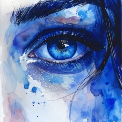 Captivating blue eye illustration with watercolor effects, blending ethereal beauty and artistic expression