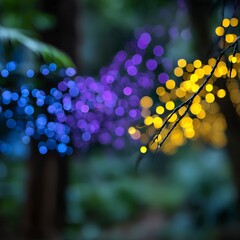 Obraz premium Out of focus blue and purple lights draped on a tree branch illuminated yellow lights