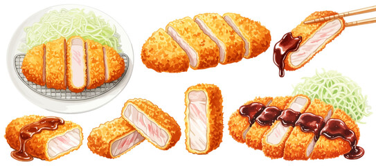 豚カツ（とんかつ）と千切りキャベツのイラストセット,揚げ物,和食,定食,ソース,断面,リアルイラスト