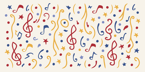 Colorful musical notes and symbols scattered across a light beige background