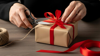 Female hands wrapping a gift with rustic paper, scissors, and red ribbon on a wooden table